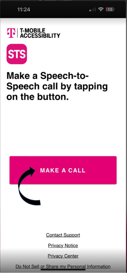 Screen shot of the STS make a call screen. There's an arrow pointing to the "Make a Call" button.