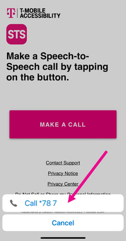 Screen shot of the STS Make a call screen. After tapping the "make a call" button another option appears at the bottom "Call *787" or "Cancel" There is a magenta arrow pointing at "Call *787."