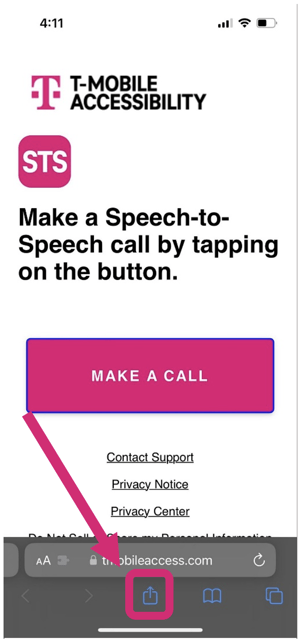Step 1 - Screen shot of iPhone Speech to Speech webpage. Magenta arrow points to a magenta box around the share button.