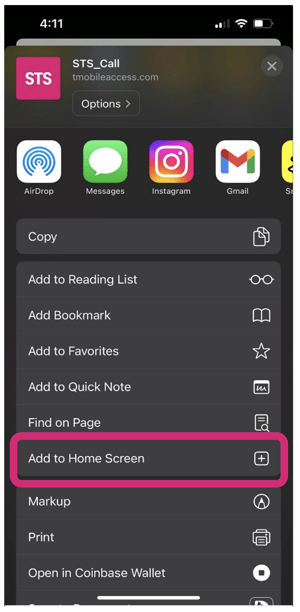 Step 2 - Screen shot of "add to home screen" circled in magenta outline.