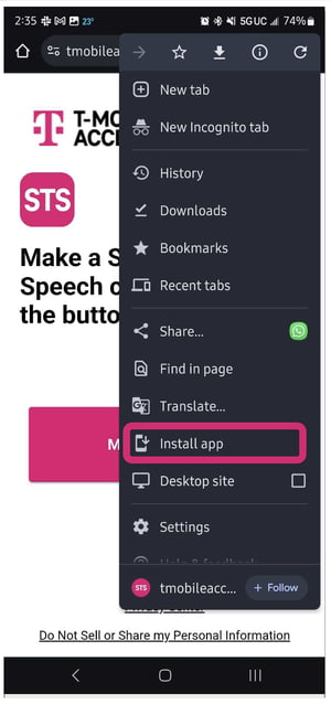 Step 2 - Menu of options displayed, magenta box around "Install App"