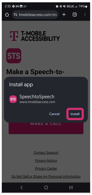 Step 3 - Install app message displayed. Magenta box around "Install"