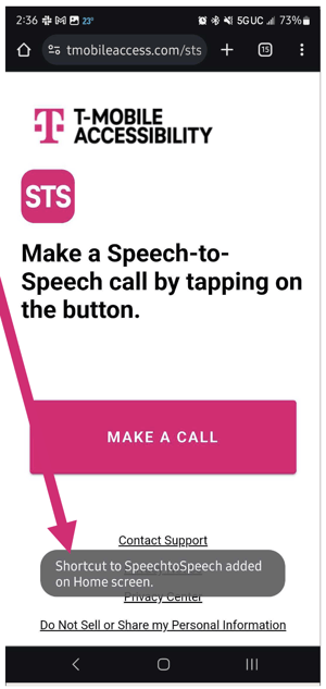 Step 4 - Speech to Speech website displayed. Magenta arrow pointing to a message at the bottom of the screen that reads “Shortcut to SpeechtoSpeech added to Home screen” 