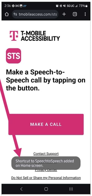 Step 4 - Speech to Speech website displayed. Magenta arrow pointing to a message at the bottom of the screen that reads “Shortcut to SpeechtoSpeech added to Home screen” 