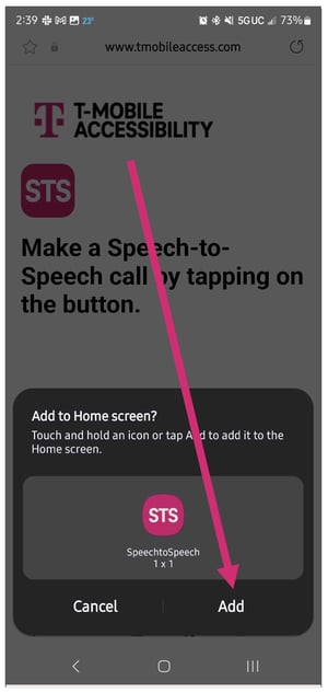 Step 4 - Speech to Speech webpage displayed. Add to Home screen menu in front of webpage. Magenta arrow pointing to "Add" at the bottom of the screen.