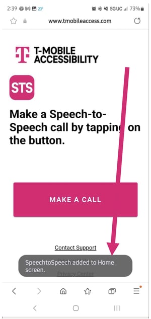 Step 5 - Speech to Speech website displayed. Magenta arrow pointing to a message at the bottom of the screen that reads “Shortcut to SpeechtoSpeech added to Home screen” 